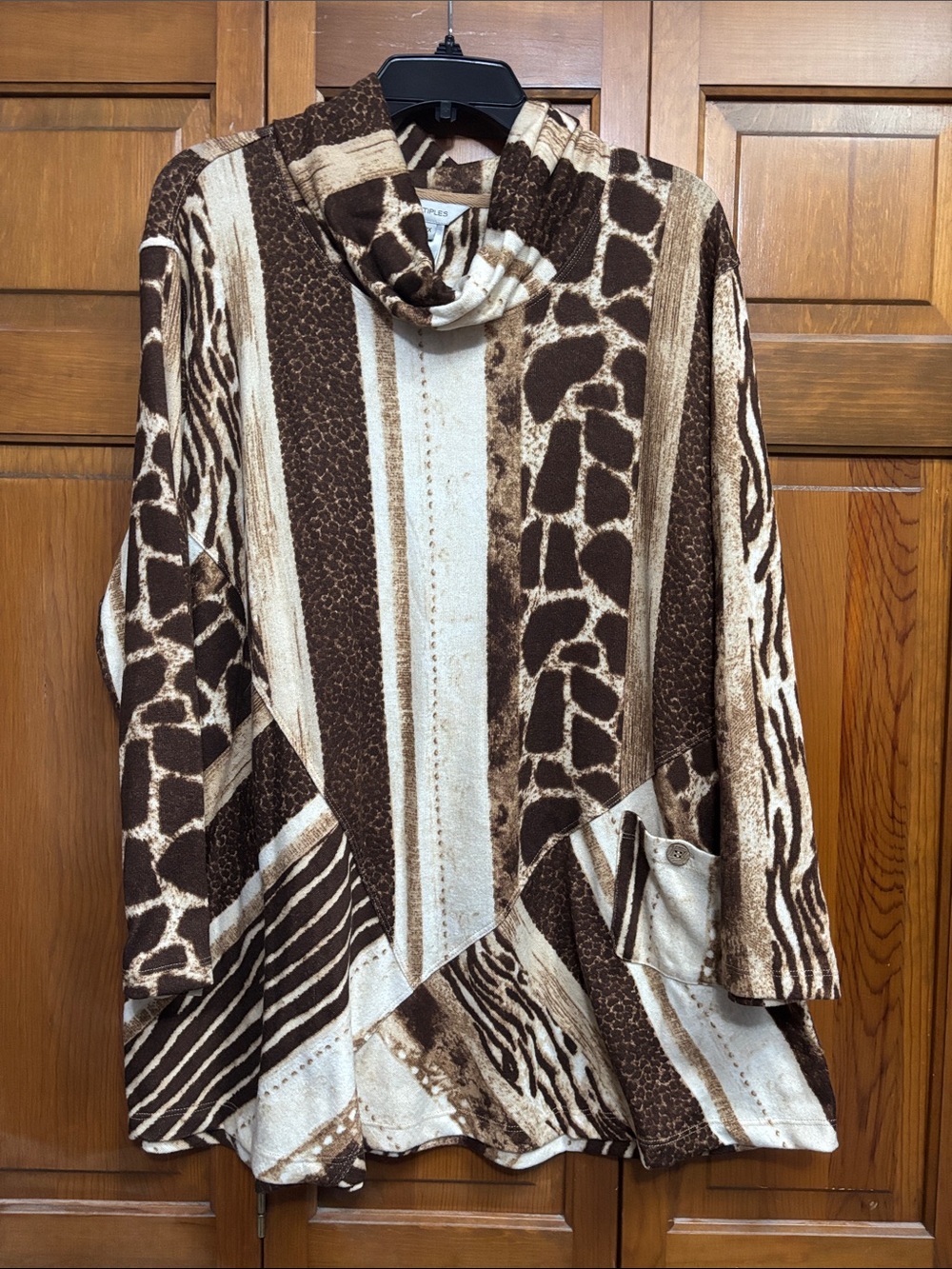 Multiples Brown and Cream Animal-Print Cowl Neck Tunic